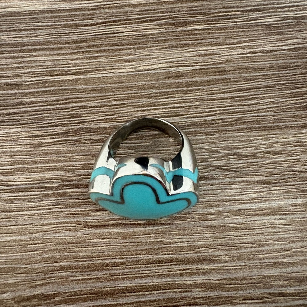 Turquoise Inlay Silver-Tone Statement Ring